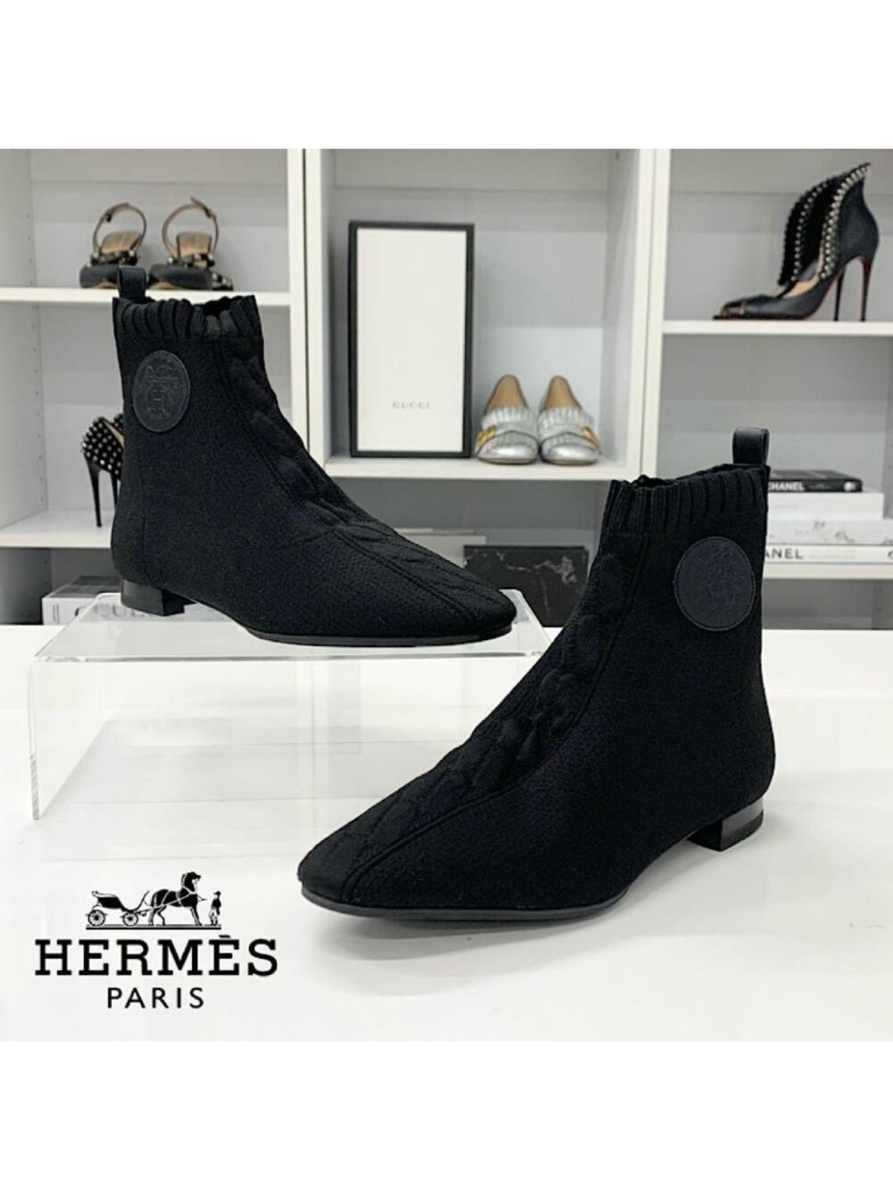 Hermes Duo Knit Ex-Libris Short Boots Black